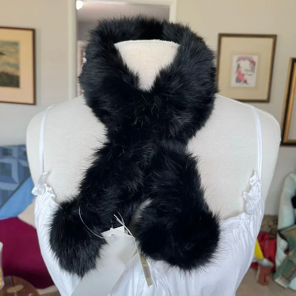 Rabbit Fur Scarf Black Pom Pom Collar Wrap Vintage Glam Statement